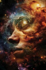 Surreal portrait of a person with a galaxy for a face, stars and nebulae swirling around them