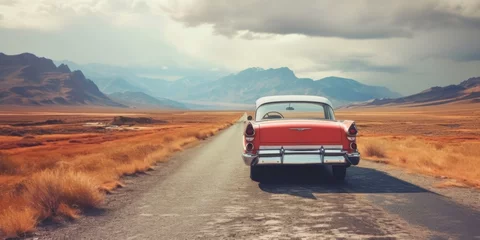 Papier Peint photo Voitures anciennes Vintage and retro photo of a classic car parked on a deserted road, with mountains in the backdrop