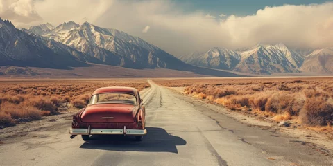 Fotobehang Vintage and retro photo of a classic car parked on a deserted road, with mountains in the backdrop © EOL STUDIOS