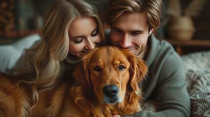 Happy Couple Play with Their Dog, Gorgeous Brown Labrador Retriever, generative ai