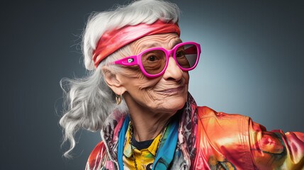Elderly happy hipster woman, copy space