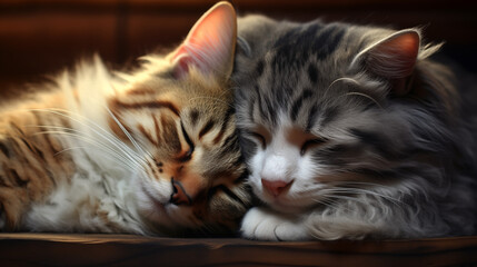 Two little kittens hug each other and sleep sweetly, concept of love, romance	
