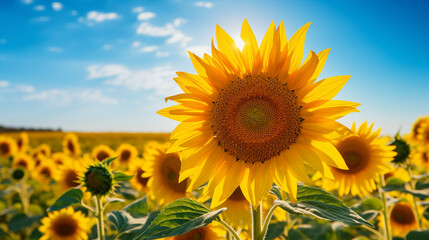 Sunflower against the background of a sunflower field and blue sky