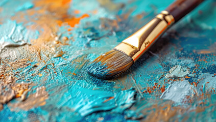 Fototapeta premium paint and brush on an artistic palette, in the style of sky-blue and beige