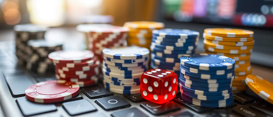 Online gambling, casino chips, cards and dice laying on laptop keyboard, internet betting gaming addiction, generative ai. - obrazy, fototapety, plakaty