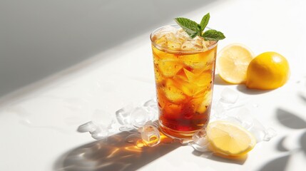 Long Island ice tea cocktail, lemon juice, ice with a lemon slice, and mint in a highball glass. isolated on a Beige background, hard light, text space.