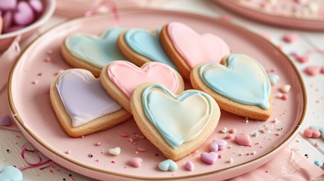 Heart-shaped sugar cookies with pastel-colored icing, generative ai