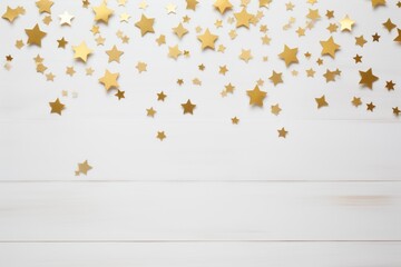 Golden Stars Confetti on White Wooden Background AI Generated