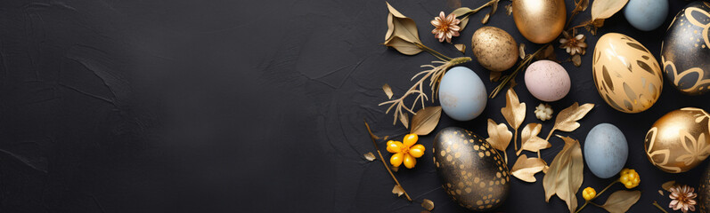 Obraz na płótnie Canvas Osterdekoration mit edlen, goldenen Eiern auf dunklem Schieferhintergrund