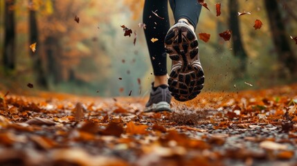 Jogger's shoes hitting a forest trail covered with fallen leaves generative ai - obrazy, fototapety, plakaty