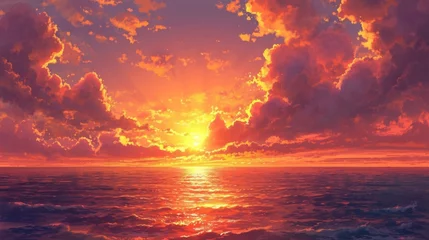 Zelfklevend Fotobehang Majestic sunset over the ocean, with hues of orange and pink blending in the sky. Manga-style clouds generative ai © Kelly