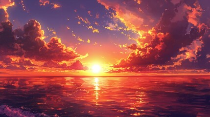 Majestic sunset over the ocean, with hues of orange and pink blending in the sky. Manga-style clouds generative ai