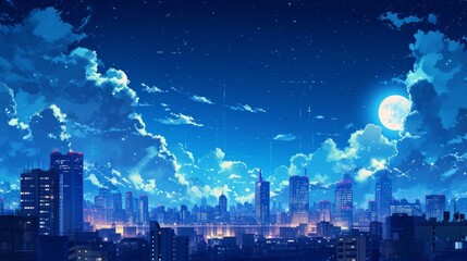 Moonlit cityscape with manga-style clouds in various shades of blue generative ai - obrazy, fototapety, plakaty