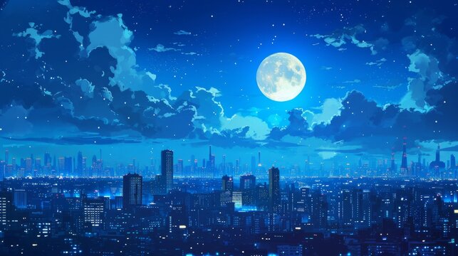 Moonlit cityscape with manga-style clouds in various shades of blue generative ai