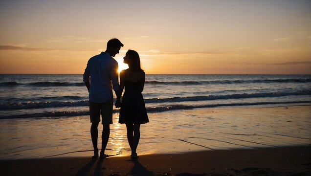 Silhouette of man and woman on the beach against the sunset sea