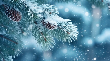 Winter Forest Christmas Magic: Snowfall on Blue Spruce Fir Tree Branches AI Generated
