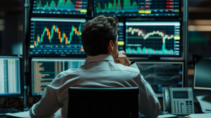 Wallstreet trader looking at the stock market on multiple monitors. Monitors show price charts.