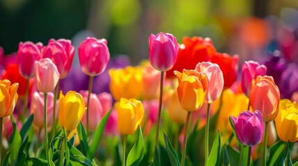 Natural background of vibrant tulips in full bloom, creating a colorful floral tapestry generative ai