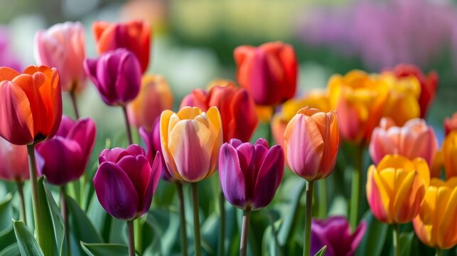 Natural background of vibrant tulips in full bloom, creating a colorful floral tapestry generative ai