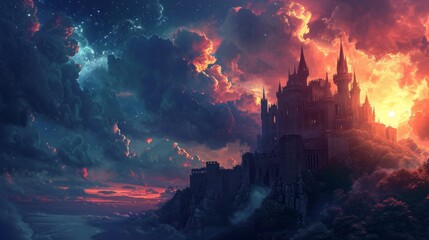 Night sky over a medieval castle, with manga-style clouds generative ai - obrazy, fototapety, plakaty