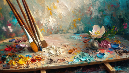 paint and brush on an artistic palette, in the style of sky-blue and beige