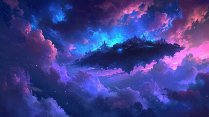 Obraz premium Night sky over a mystical floating island, with manga style clouds generative ai