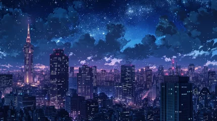 Foto op Plexiglas Nighttime cityscape with skyscrapers illuminated against a dark, starry sky. Manga-style clouds generative ai © Kelly