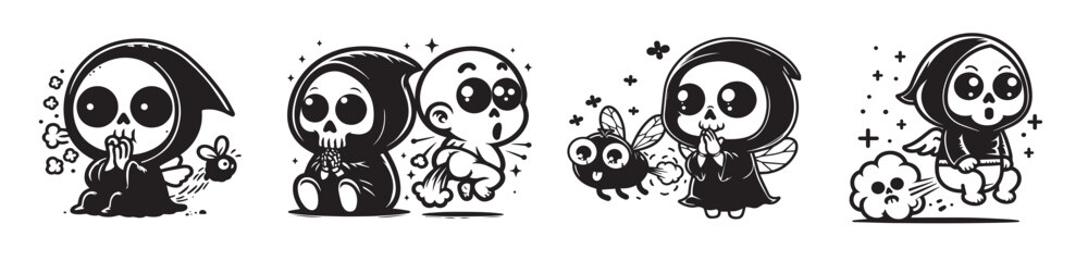 little funny grim reaper, simple character design cartoon set, black and white vector