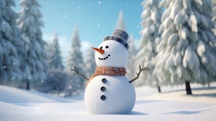 3d render of snowman in winter forest. Christmas background. Generative AI