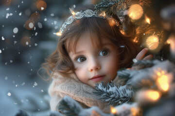 A young child wrapped in warm clothes gazes curiously at the glowing lights of a Christmas tree as snowflakes gently fall around her.
