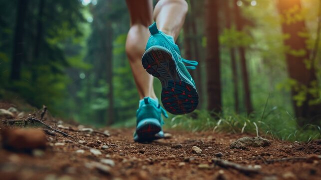 Runner's shoes hitting the trail in a dense forest, surrounded by towering trees and the serenity of nature generative ai