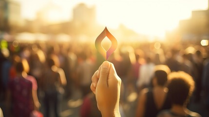 Hand holding a burning candle on the background of a crowd of people in the city Generative AI