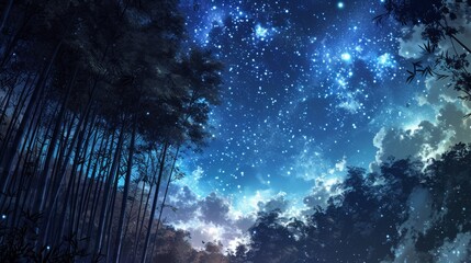 Starlit sky over a bamboo forest, with manga-style clouds generative ai - obrazy, fototapety, plakaty