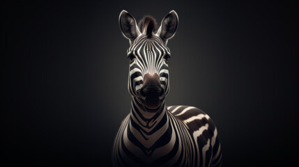 Close-up portrait of a zebra on a black background. Looks into the camera. Generative AI