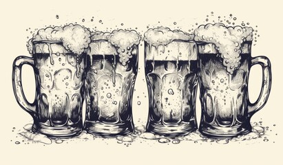 hand drawn sketch of beer mugs with foam Generative AI