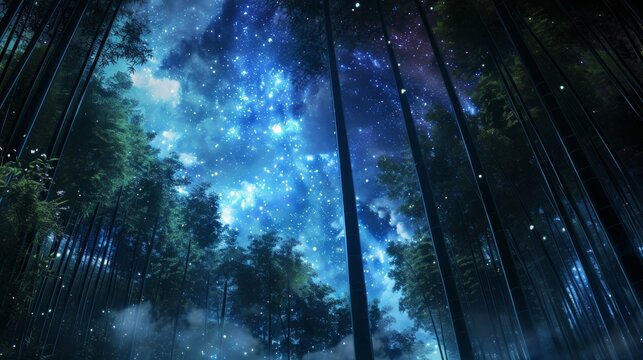 Starlit sky over a bamboo forest, with manga-style clouds generative ai
