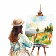 Girl painting landscape watercolor paint 