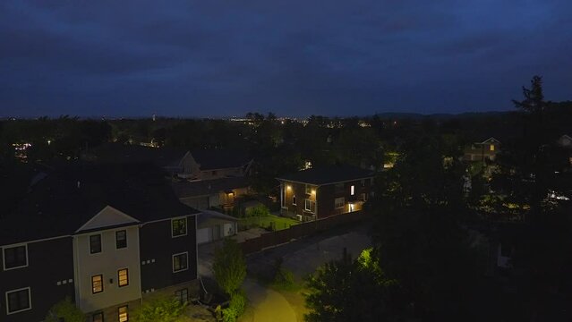 Establishing shot of Cityscape at night in Thorold, Canada, North America. Evening time on June 2022. ProRes 422 HQ.