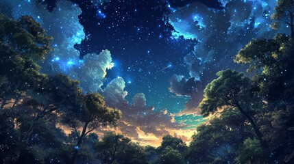 Fototapeta na wymiar Starry night sky over a magical forest, with manga-style clouds generative ai