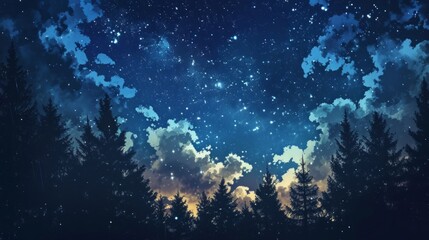 Obraz premium Starry night sky over a magical forest, with manga-style clouds generative ai