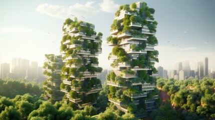 Modern city landscape with skyscrapers and green trees. 3d render Generative AI