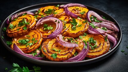 Roasted sweet potato with red onion and parsley in a plate Generative AI