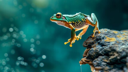 A vibrant true frog basks on a sun-kissed rock, embodying the beauty and resilience of an amphibian in its natural outdoor habitat - obrazy, fototapety, plakaty