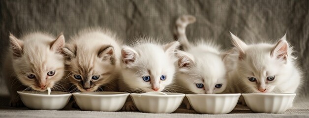 Playful kittens gather around white bowls, their whiskers twitching in anticipation as they enjoy a domestic feast in their cozy indoor home