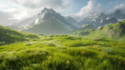 Frontal, low angle view of a continental apex, a green meadow with hills. natural scenery. natural landscape
