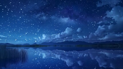 Naklejka premium Starry night sky over a calm lake, with manga style clouds generative ai