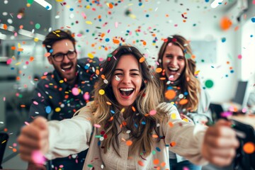 Obraz premium A jubilant gathering of individuals adorned in festive attire, beaming with joy as they shower the air with colorful confetti, celebrating a special occasion indoors