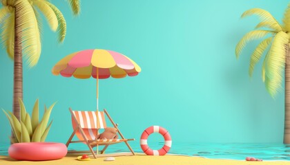 Beach umbrella with chairs and beach accessories on blue background. summer vacation concept. 3d rendering