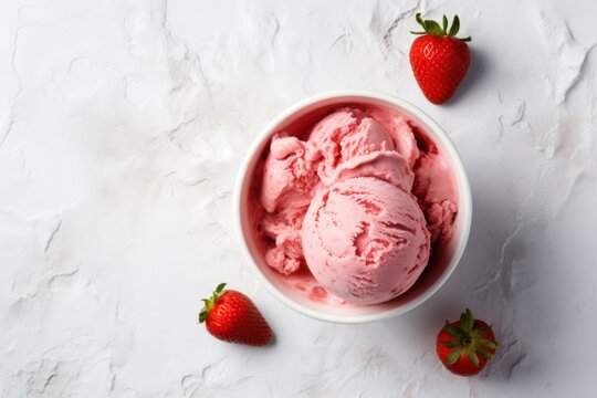 Delicious Strawberry Ice Cream in a Bowl on White Stone Background AI Generated