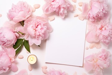 Feminine Wedding Card with Pink Peonies and Candle on White Background AI Generated